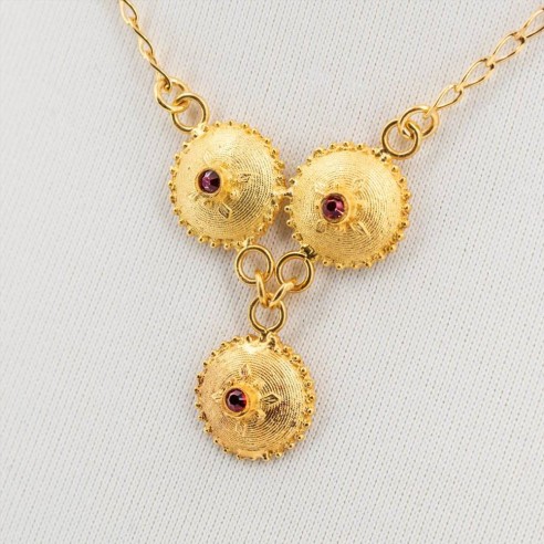 Collana Tre Bottoni Sardi Filigrana Oro 18 Kt e Granato