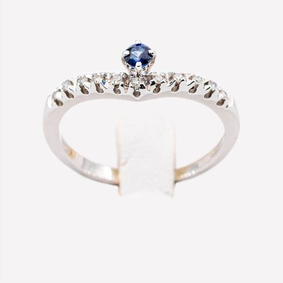 Anello Donna Veretta Oro bianco 18 Kt.  Diamanti e Zaffiro Blu'