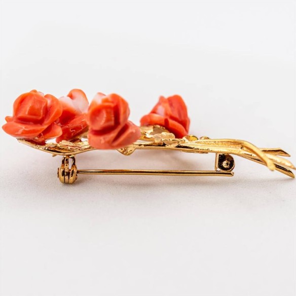  Spilla Rose in Corallo Rosa su Oro 750/ooo Foglie d'Oro