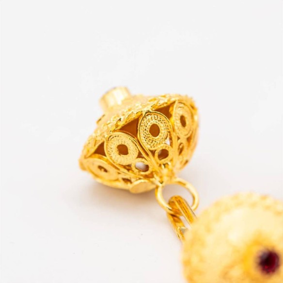 Bottoni Coppia Gemelli Filigrana Sarda Argento 800/ooo Dorato con Giualli Cristallo Rosso