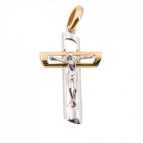 Pendente Croce Moderna Uomo con Cristo Oro Bianco e Giallo